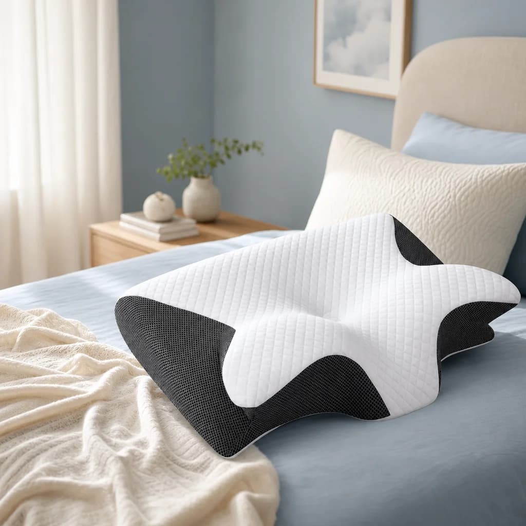 The Cloud Pillow styled on a soft blue bed